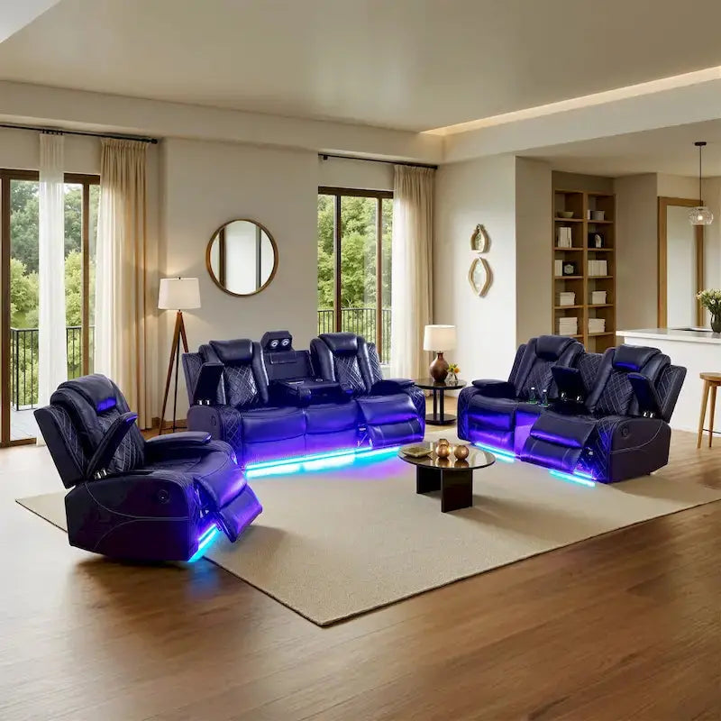 Modern 3-Piece Leather Recliner Set — Includes LED Lighting & Wireless Charging Ports