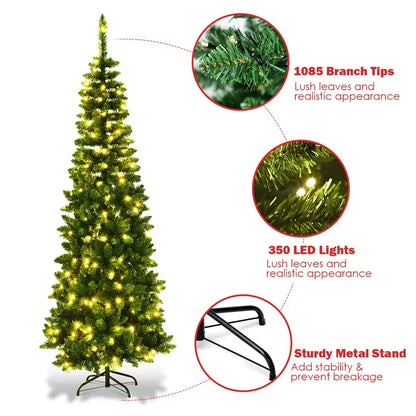 Premium Pre-Lit Pencil Christmas Tree  Space-Saving Hinged Fir with Premium Branch Tips