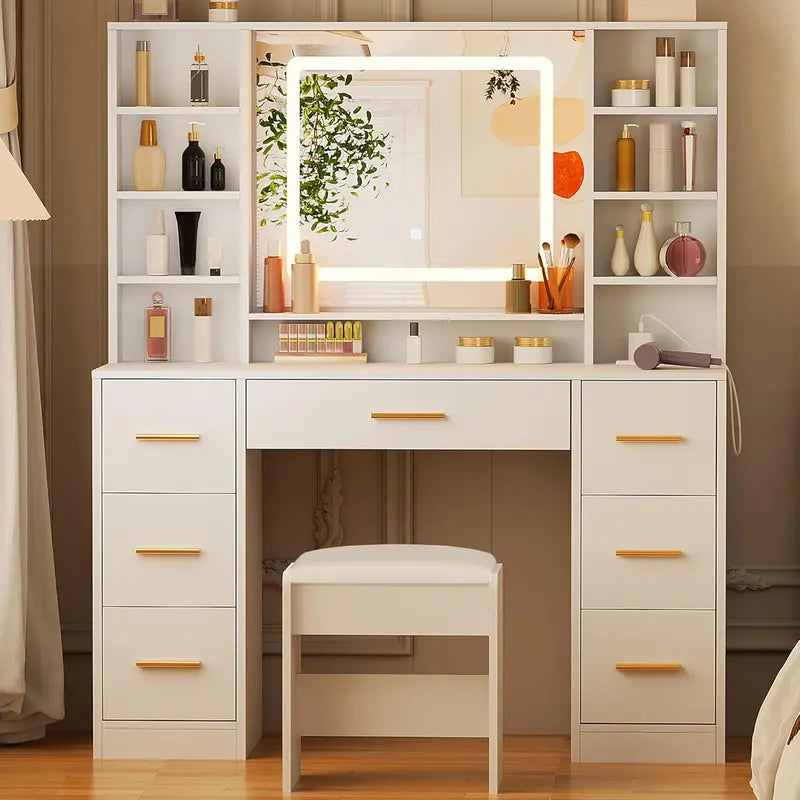 ANWBROAD 39.4-Inch Youth Vanity Desk  Soft LED Mirror Setup for Teens and Small Spaces