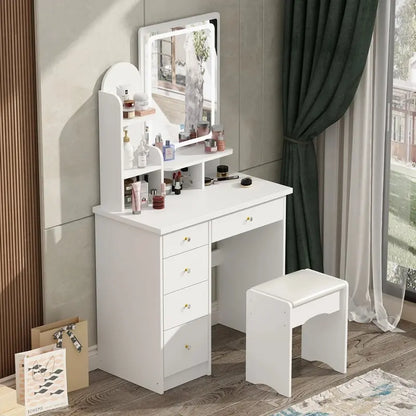 LED-Lit Makeup Vanity Desk Set  Includes Mirror, Adjustable Lighting, and Matching Stool