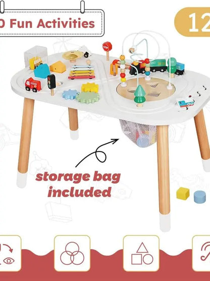 Wooden Toddler Activity Cube & Table by Cubes for Kids  Montessori Toy with Bead Maze, Mini Car, Gears & Blocks for 1 Year Olds