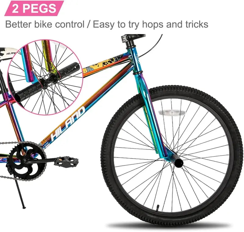 Hiland BMX Bike 24-26″ Hi-Ten Steel Frame, Youth & Adult, 2 Pegs, Multi-Color Options