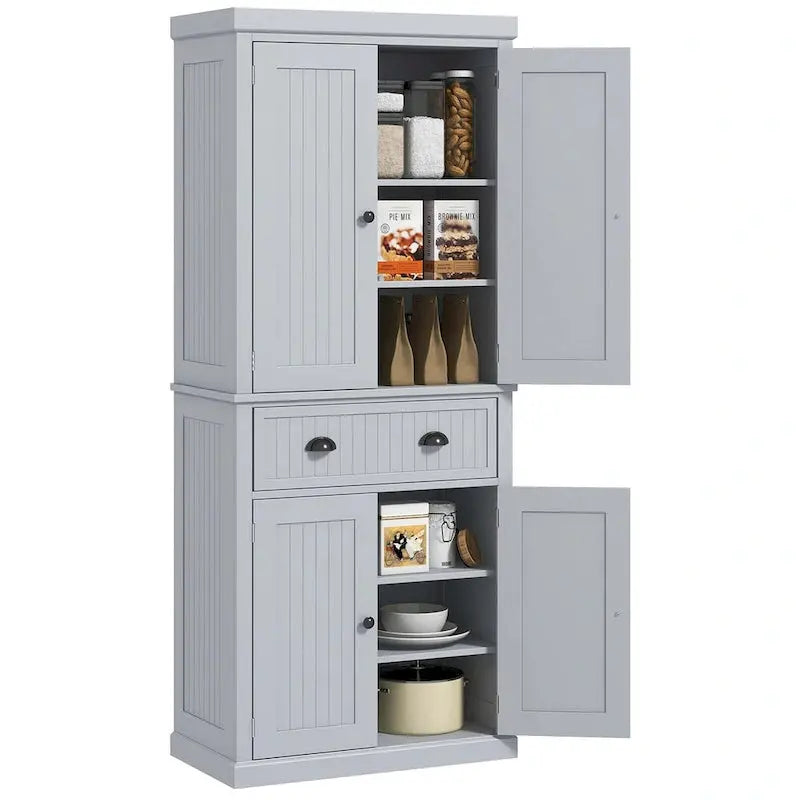 72-Inch Freestanding Pantry Cabinet  Traditional Style with Four Doors, Three Adjustable Shelves, and Spacious Center Drawer