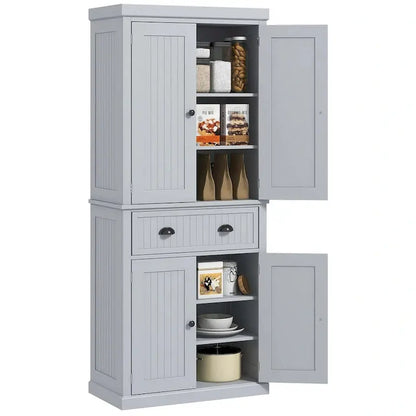 72-Inch Freestanding Pantry Cabinet  Traditional Style with Four Doors, Three Adjustable Shelves, and Spacious Center Drawer