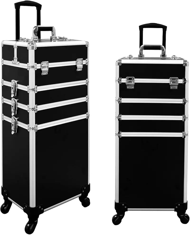 All-Black 4-in-1 Rolling Aluminum Cosmetic Organizer  Professional Artist Train Case with Four Locking Wheels