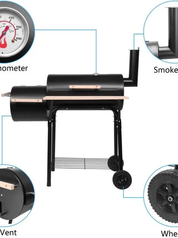 Heavy Duty Outdoor Charcoal Grill & Smoker with Thermometer & Wheels for Camping & Backyard  Double Greenhouse Design