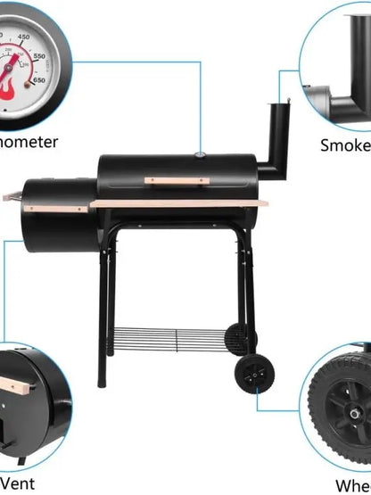 Heavy Duty Outdoor Charcoal Grill & Smoker with Thermometer & Wheels for Camping & Backyard  Double Greenhouse Design