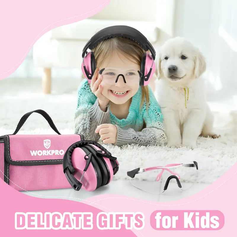 WORKPRO Kids’ Noise-Reducing Safety Earmuffs — Lightweight Hearing Protection, Pink Ribbon Design