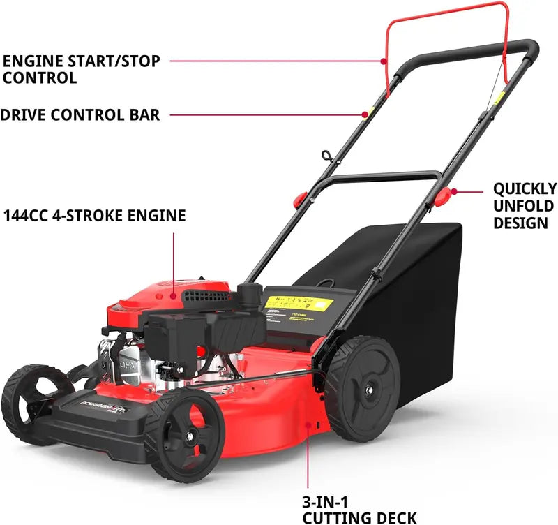 PowerSmart 21″ 144cc 3-in-1 Gas Push Mower with Grass Catcher
