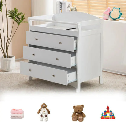 White Baby Changing Dresser with 3 Drawers, Safety Rail & Diaper Station for Nursery or Bedroom
