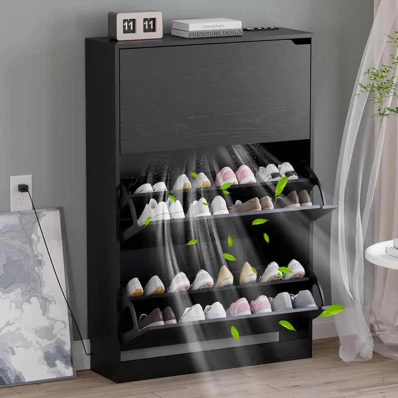 Discreet Freestanding Wood Shoe Cabinet with Three Concealed Flip Drawers