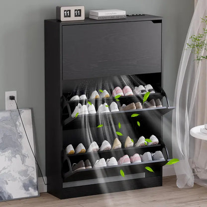 Discreet Freestanding Wood Shoe Cabinet with Three Concealed Flip Drawers