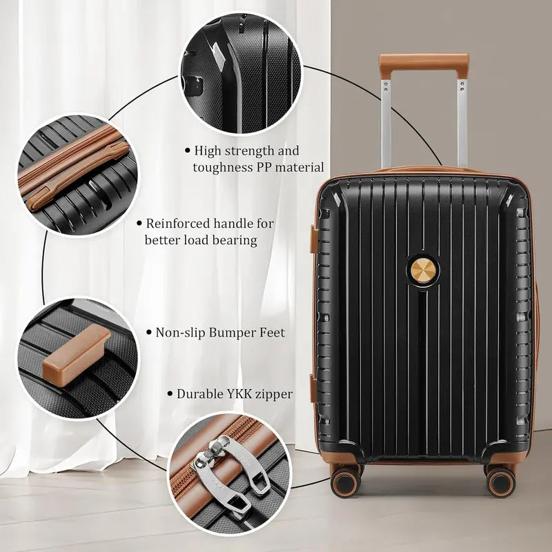 Lightweight 5-Piece PP Hardshell Carry-On Luggage Set  Dual Spinner Wheels & TSA Lock Travel Suitcases