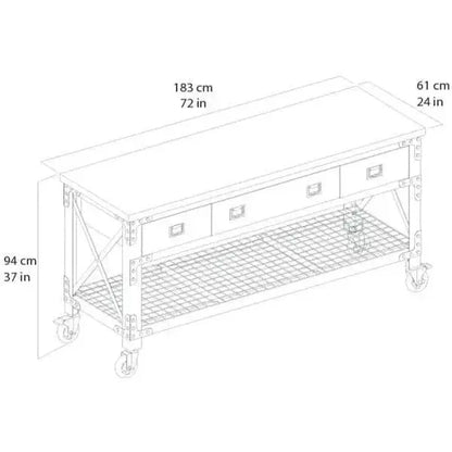 Building Products 72-Inch Rolling Industrial Workbench  3-Drawer Steel Base with Solid Wood Top