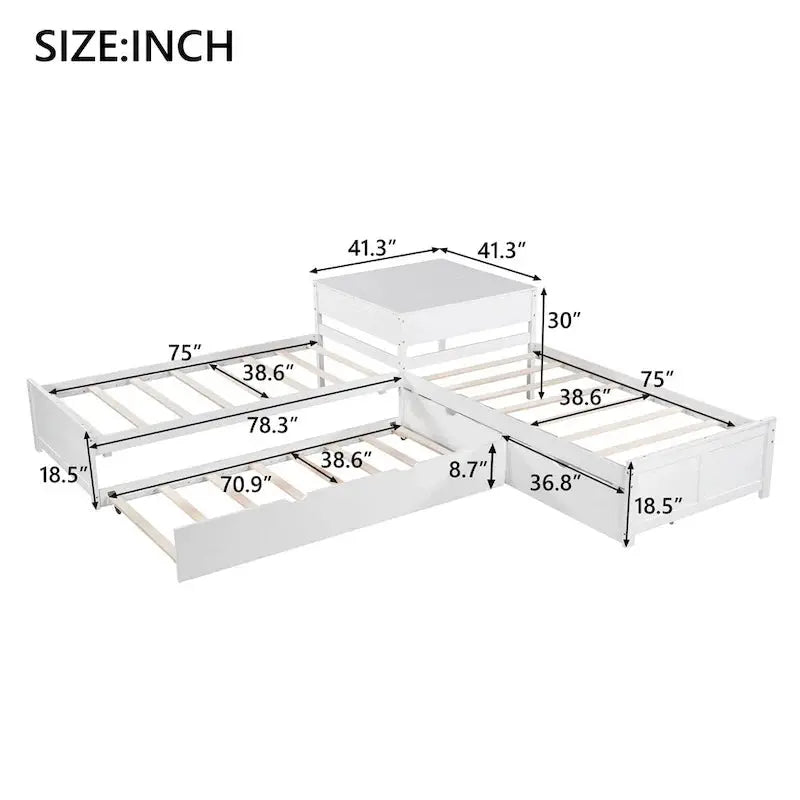 Contemporary White L-Shaped Twin Platform Bed with Built-in Trundle and Storage Drawers
