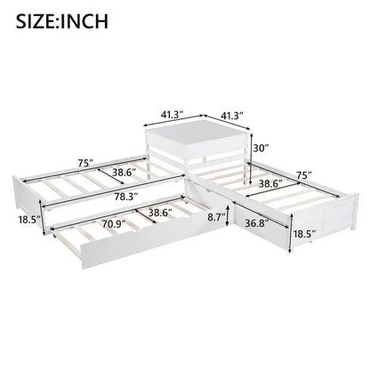Contemporary White L-Shaped Twin Platform Bed with Built-in Trundle and Storage Drawers