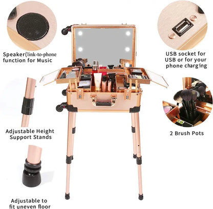Lighted Makeup Travel Case  Medium-Sized Cosmetic Organizer with Code Lock, Built-in Speaker & Mirror