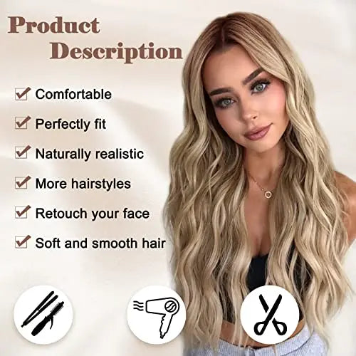 NAYOO 26″ Ombre Blonde Wavy Wig for Women  Heat Resistant, Natural Look, Daily Party Use