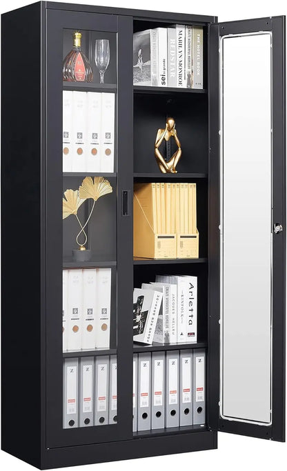 71-Inch Lockable Metal Curio Cabinet with Tempered Glass Doors, Four Adjustable Shelves, and Secure Storage for Collectibles or Liquor