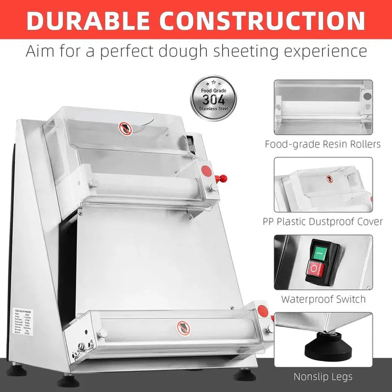Commercial Electric Pizza Dough Sheeter  16-Inch Max Width, 370W Stainless Steel Roller for Pasta, Noodles & Flatbreads