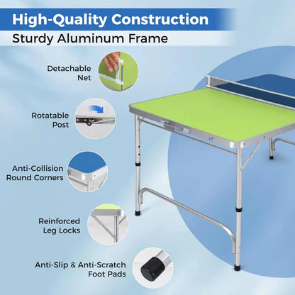 Fully Assembled Foldable Ping Pong Table  Includes Net & Dual-Color Paddles (47″ Blue/Green)