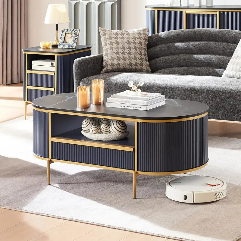 OKD Luxury Oval Coffee Table  48-Inch Grooved Design with Imitation Marble Top and Hidden Drawers