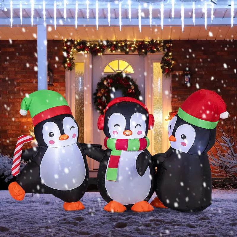 6-Foot Inflatable Penguin Family — LED-Lit Group Display with Interlocked Hands