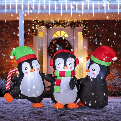 6-Foot Inflatable Penguin Family — LED-Lit Group Display with Interlocked Hands