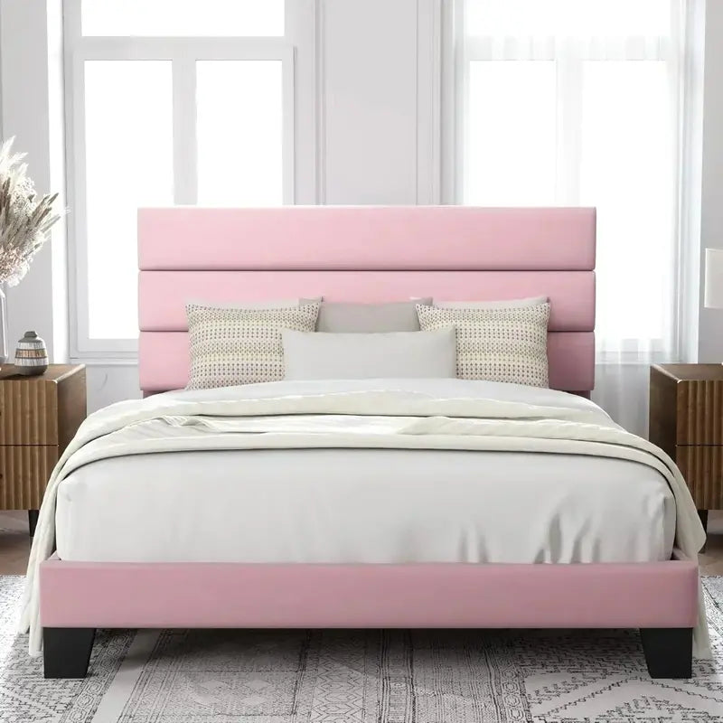 Allewie King Platform Bed Frame  Velvet-Upholstered Headboard with Solid Wood Slats