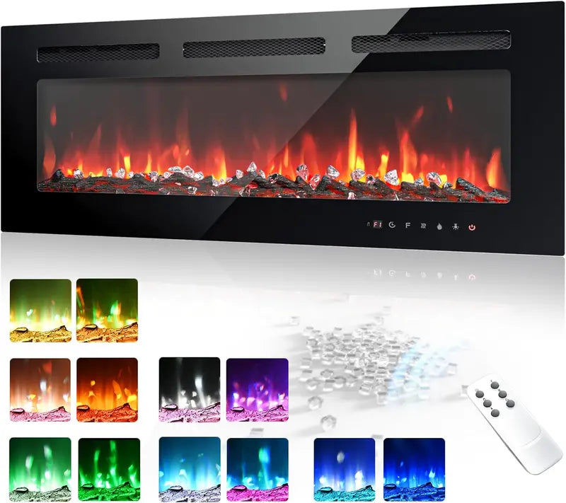 EUHOMY 50-Inch Recessed & Wall-Mounted Electric Fireplace  Adjustable Flame Color, Touchscreen, Timer & Remote, 750/1500W Linear Heater