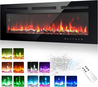 EUHOMY 50-Inch Recessed & Wall-Mounted Electric Fireplace  Adjustable Flame Color, Touchscreen, Timer & Remote, 750/1500W Linear Heater