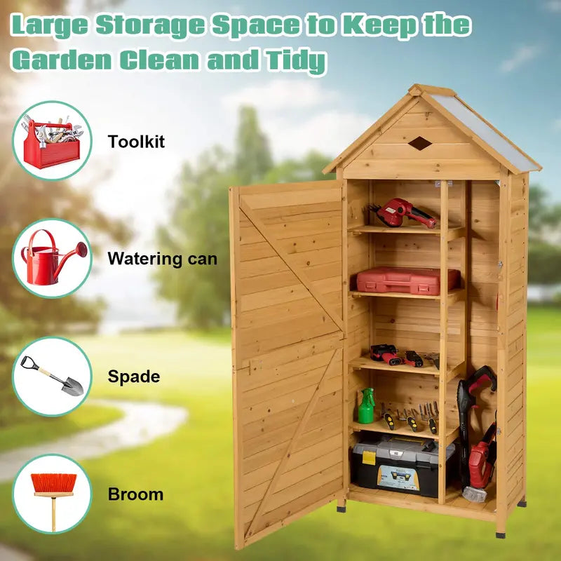 Lockable Wooden Garden Storage Shed  Fir Wood Outdoor Tool Cabinet for Yard or Patio
