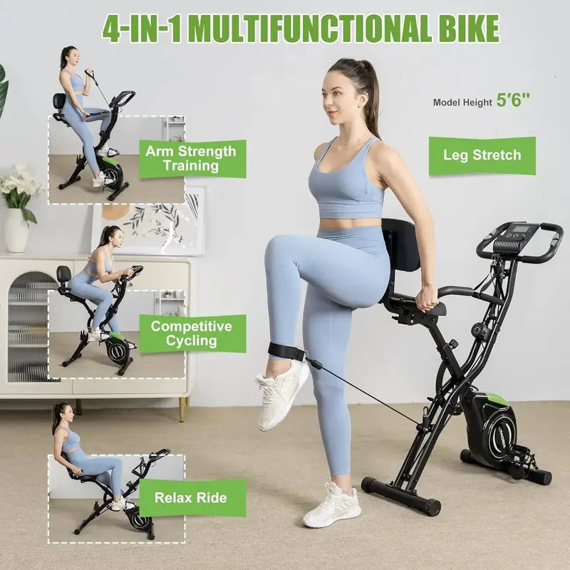 Caromix 4-in-1 Folding Exercise Bike  Upright & Recumbent Indoor Cycling Station with 16 Resistance Levels