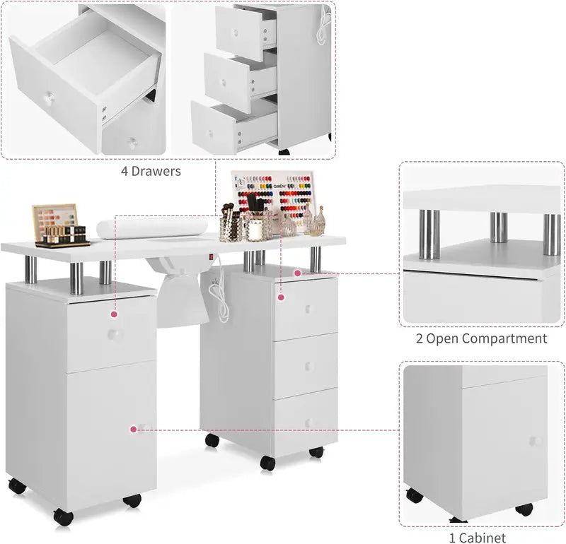 Electric Nail Technician Desk with Acetone-Resistant Surface, Dust Collector & Wrist Support  Mobile Beauty Station with Locking Casters, Drawer & Cabinet (White)