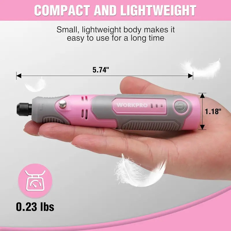 WORKPRO 3.6V Cordless Rotary Tool Kit — Compact Electric Engraving & Grinding Set, Pink Ribbon