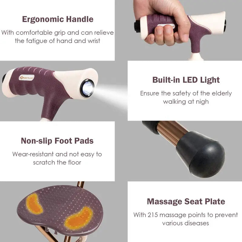 Adjustable Folding Cane Seat  Aluminum Alloy Crutch Chair with LED Light and Tripod Base