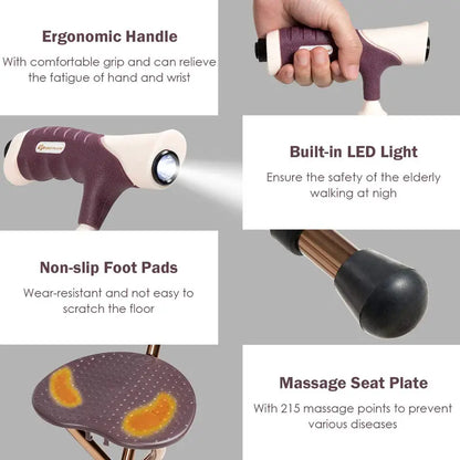 Adjustable Folding Cane Seat  Aluminum Alloy Crutch Chair with LED Light and Tripod Base
