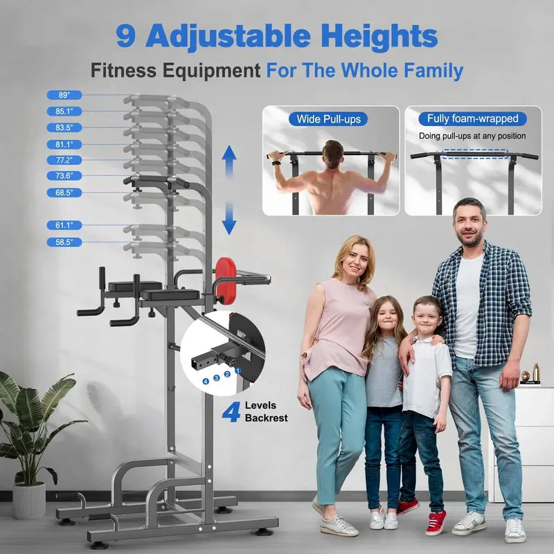 RELIFE Power Tower Pull Up Bar Station, Adjustable Heights &amp; Armrests, Supports 450 lbs, Home Gym Equipment