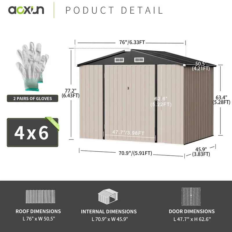 Aoxun Metal Outdoor Storage Shed 6.4×4 FT, Brown, Waterproof & Wind-Resistant, Pad-Lockable Doors, Easy Assembly