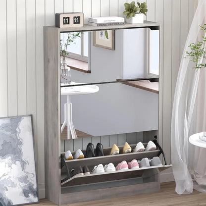 Discreet Freestanding Wood Shoe Cabinet with Three Concealed Flip Drawers