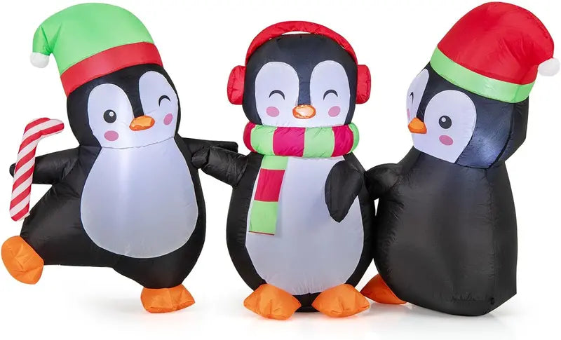 6-Foot Inflatable Penguin Family — LED-Lit Group Display with Interlocked Hands