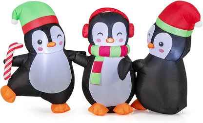 6-Foot Inflatable Penguin Family — LED-Lit Group Display with Interlocked Hands