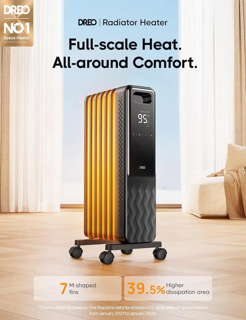 Dreo Oil-Filled Radiator Heater | 1500W Quiet Indoor Electric Heater with Remote, Child Lock, 4 Heat Modes, 24-Hour Timer, Digital Thermostat & Dual Safety Protection