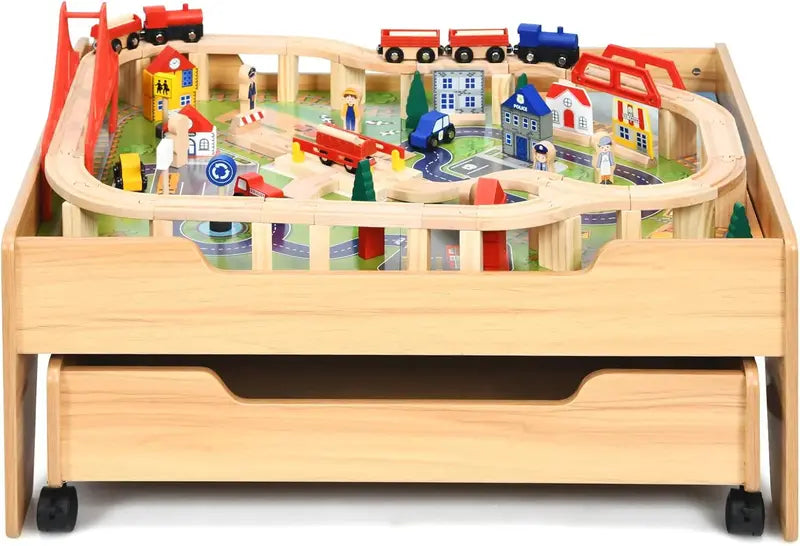 Wooden Dual-Activity Kids’ Table with Flip-Up Top & Built-In Storage  100-Piece Train Set Featuring Tracks, Cars, and Accessories for Ages 3+