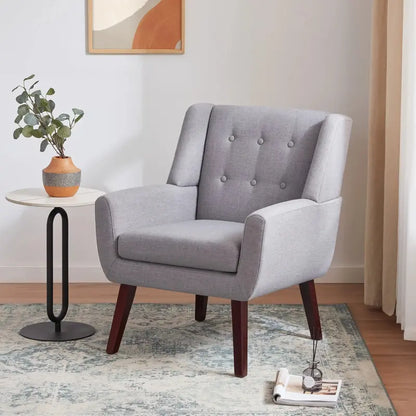 Huimo Mid-Century Modern Accent Chair  Button-Tufted Beige Upholstered Reading Chair for Living Room or Bedroom