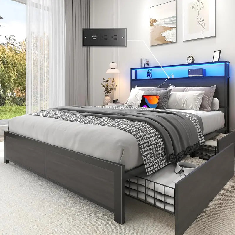 Lifezone Queen Platform Bed Frame  Metal Construction with 2-Tier Storage Headboard & 4 Under-Bed Drawers