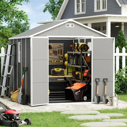 All-Weather Resin Storage Shed  Spire-Style Outdoor Tool Shed (6’x4′, 6’x8′, 8’x6′, or 8’x10′) with Floor Included