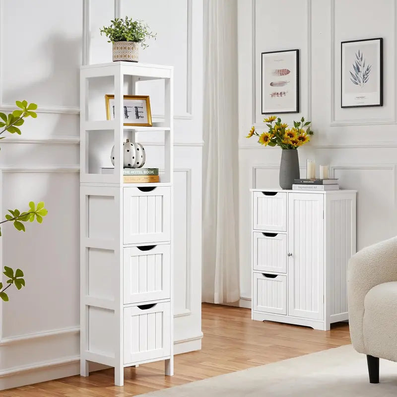 Yaheetech Freestanding Bathroom Floor Cabinet  Two-Drawer White Wooden Organizer with Side Rack & Shelf