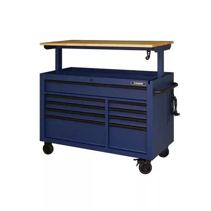 52 in. Matte Blue Mobile Workbench  9-Drawer Adjustable-Height Unit with Solid Wood Top