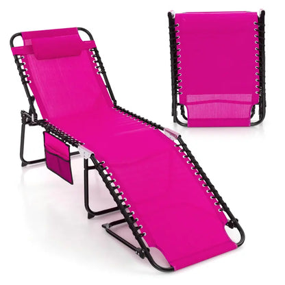 Adjustable Patio Chaise Lounge  Folding Recliner Chair with 4-Position Backrest, Side Pocket & Removable Headrest